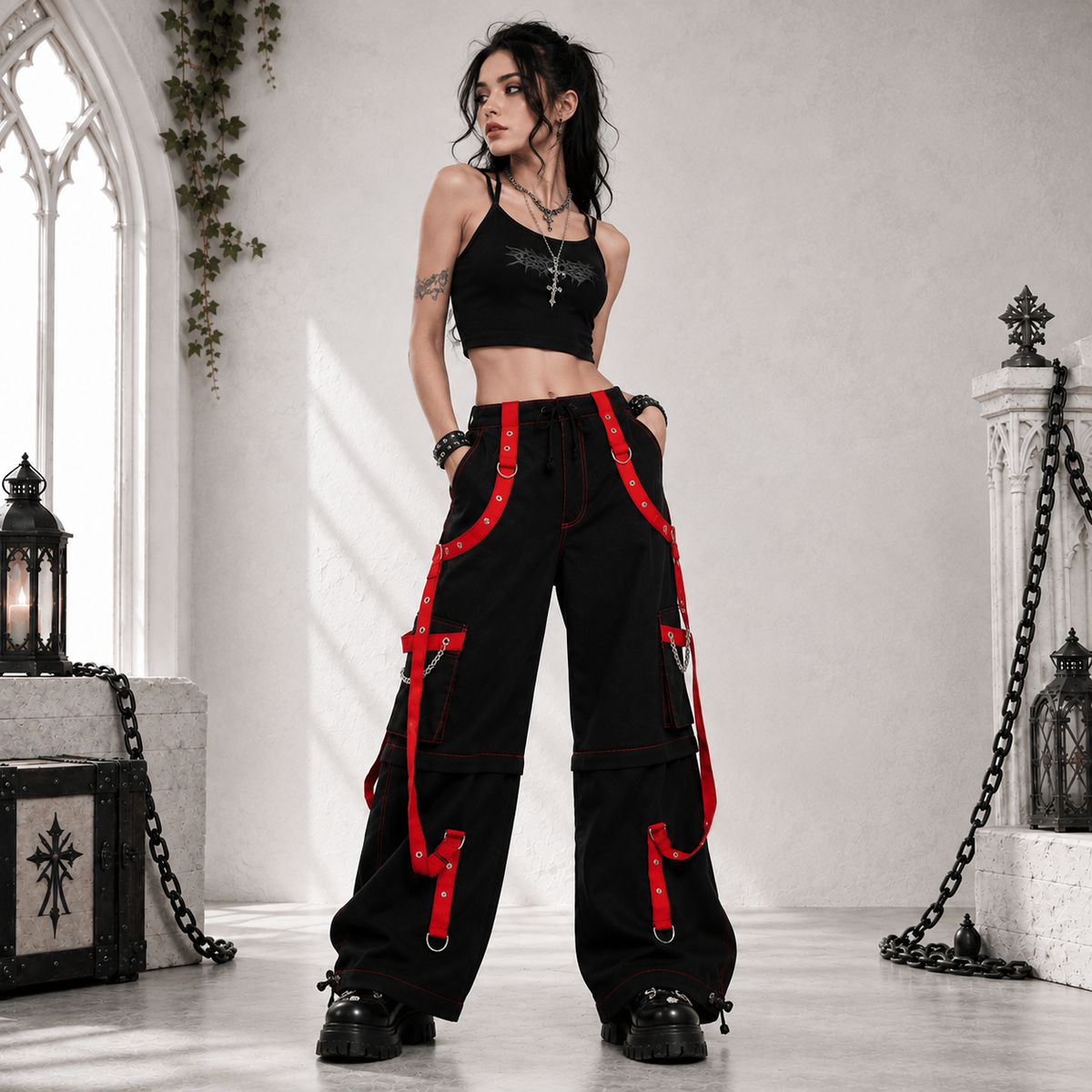 Prime Quality Handmade Gothic Bondage Men Pant Alternative Punk Rock Red/Black Emo Trouser Pant ShortsUSA