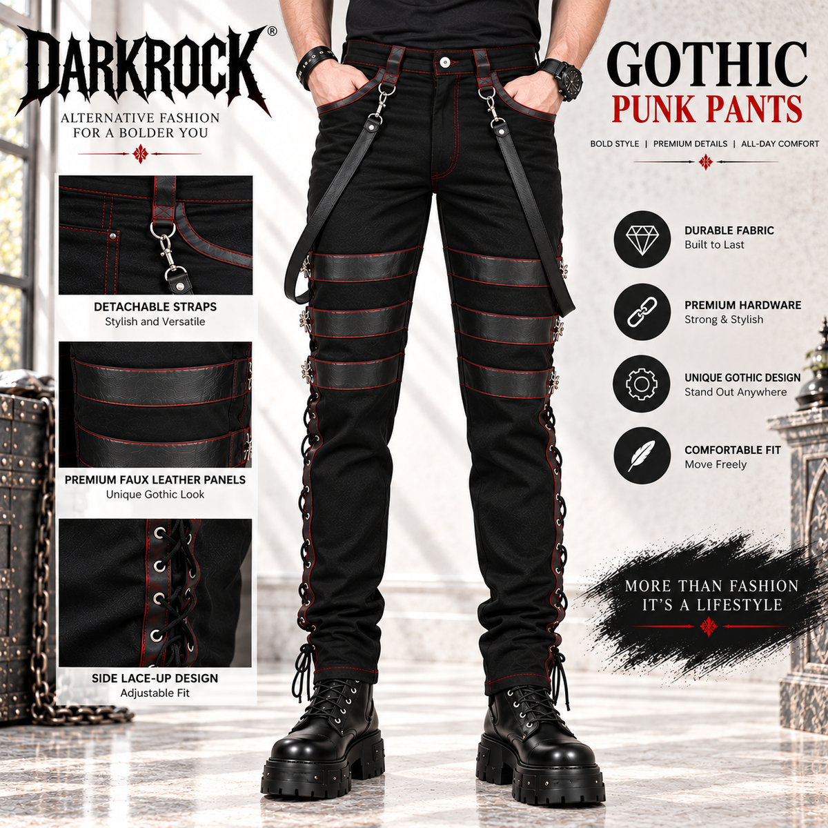 Gothic Men's Steampunk Pants Black Gothic Vintage Cotton Gens Trouser Pant