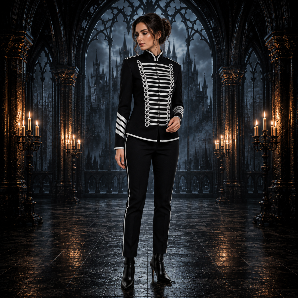 Prime Quality Handmade Men's Gothic Military Hussar Jacket Black Silver/USA