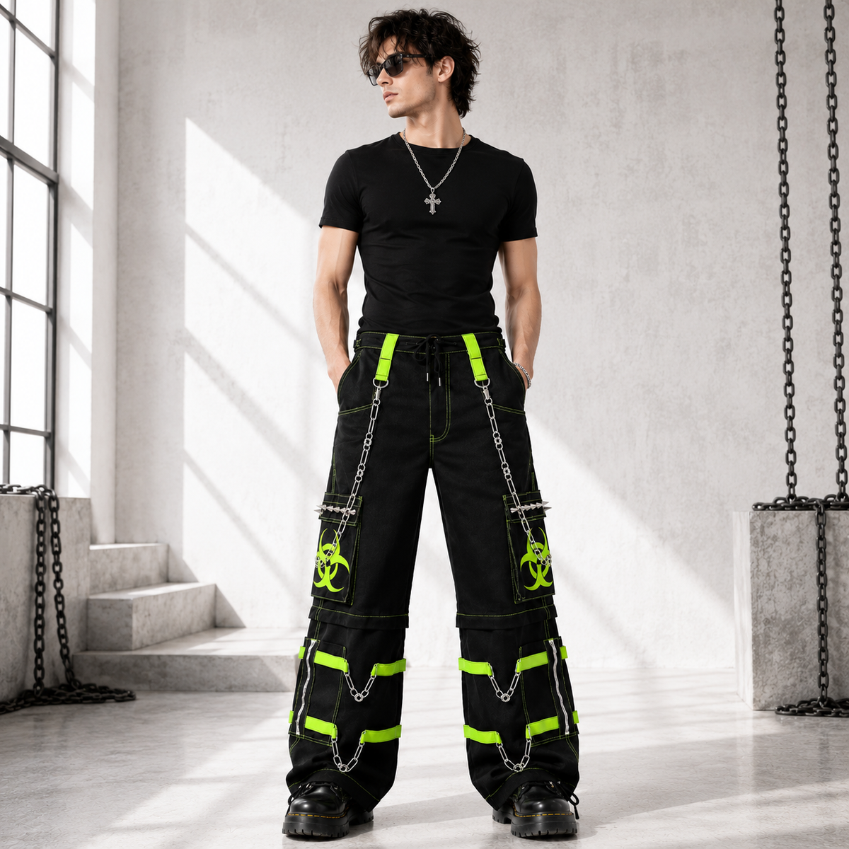 New Biohazard Men Gothic Black Lime Bondage Reflective Biohazard Symbol Pant Alternative Punk Rock Trouser Shorts