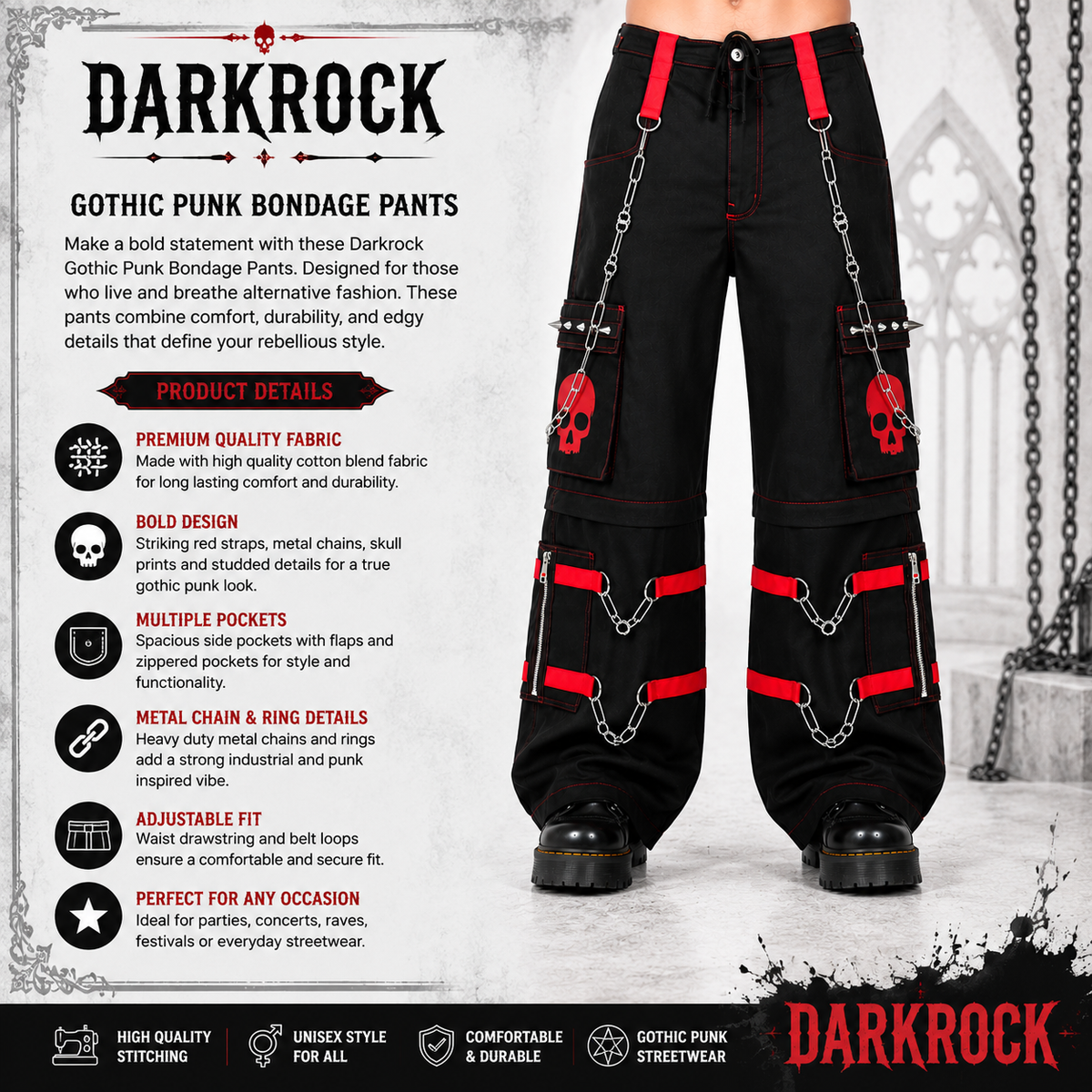 Gothic Bondage Black Skull Zip Off Pants Black Amp Red Alternative Punk Rock Emo Trouser Pant/Usa