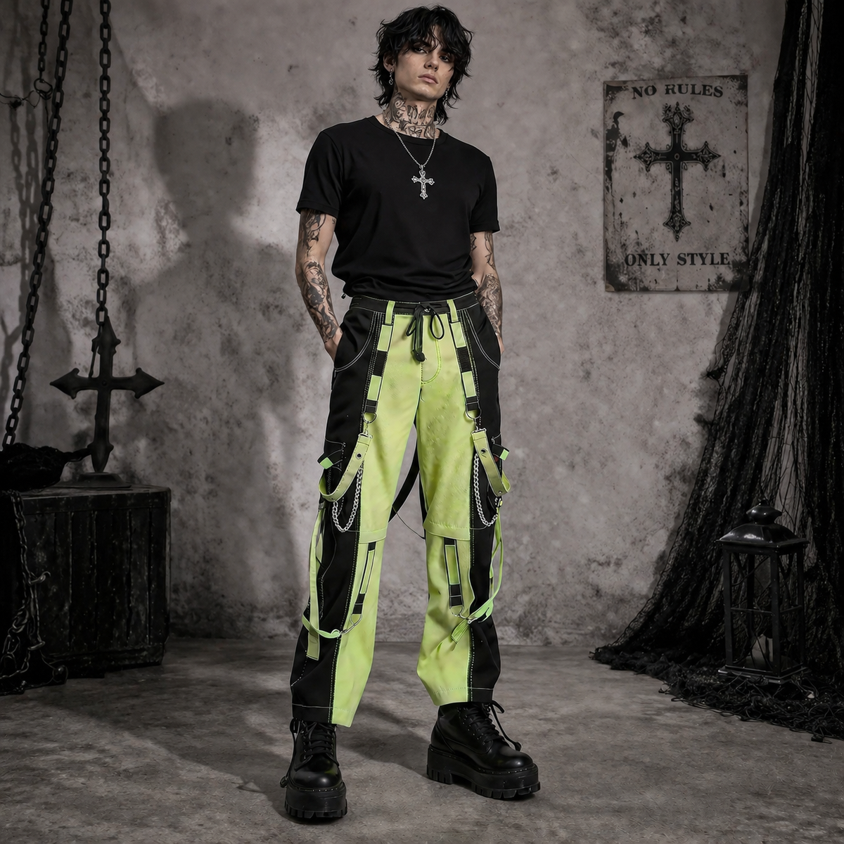 Prime Quality Men Extreme Bondage Limelight Lime Green Skater Gothic Punk Rocker Cyber Goth Steampunk Biker Pant