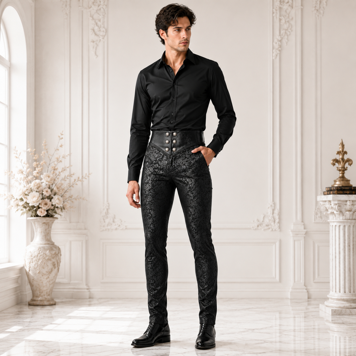 Men Syndicate Trousers Pants Steampunk Black Brocade Vintage Gothic Victorian