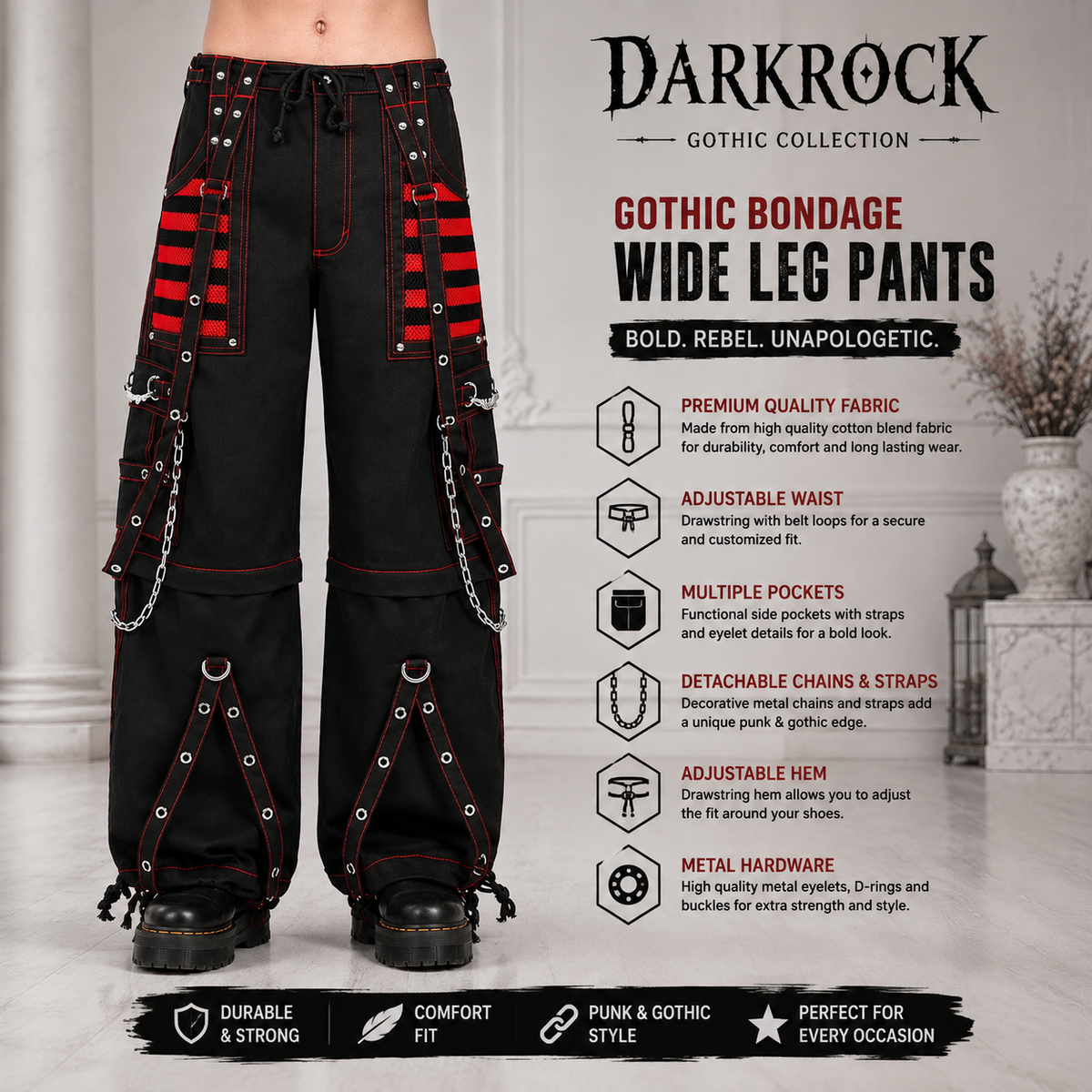 Gothic Extreme Bondage Skater Red & Black Punk Rocker Cyber Steampunk Biker Pant