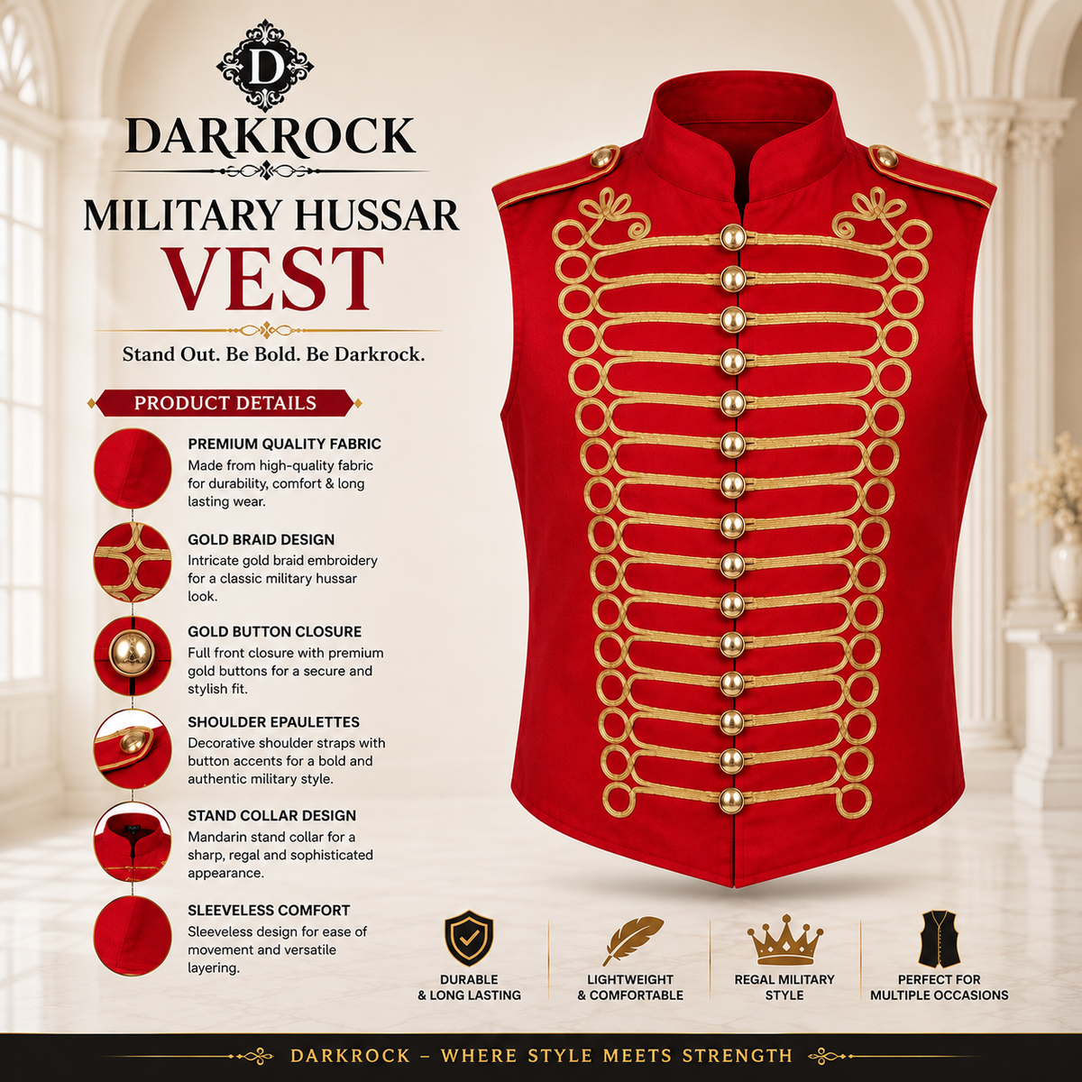 Men's Military Hussar Sleeveless Vest Red & Gold Jacket Free Shipping Usa