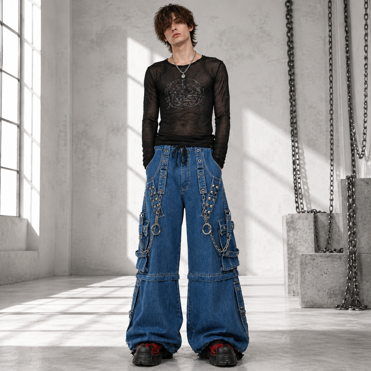 Extreme Bondage Light Blue Denim Pants Skater Gothic Punk Rocker Cyber Biker Black Dagger Trouser Pant Shorts With Handcuffs Hardware