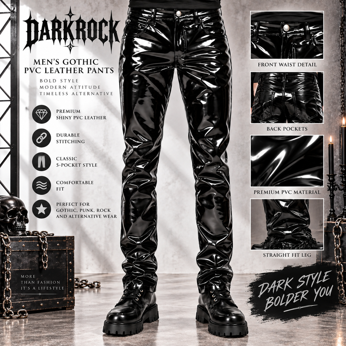 SKINNY JEANS BLACK GOTHIC SUPREME CHAOS VINYL PUNK REBEL PANTS