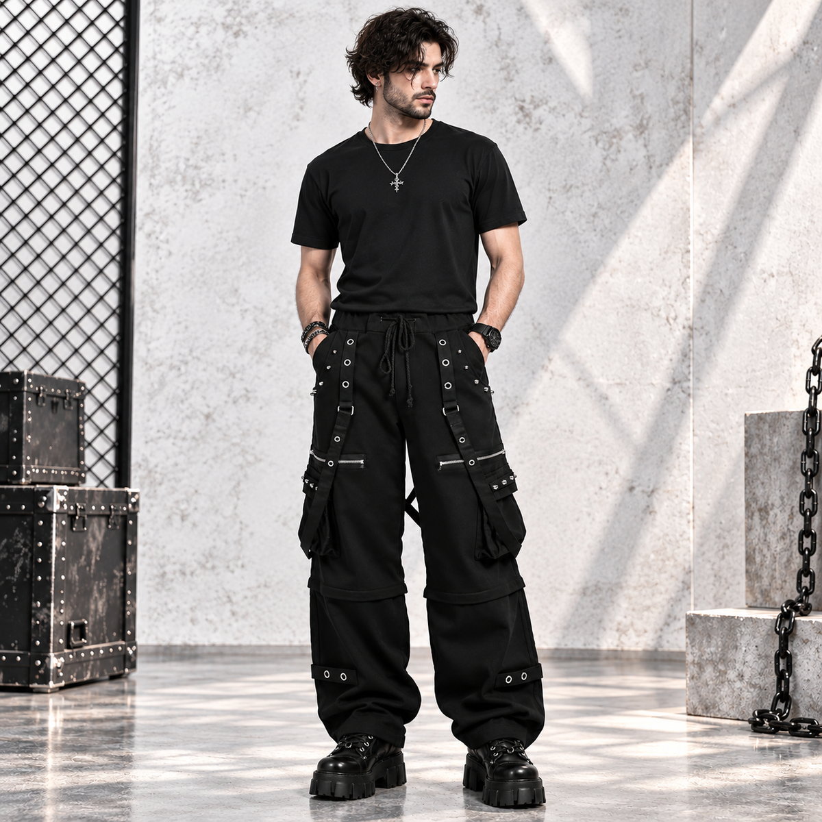 Men's Black Gothic Punk Pants With Straps Fleece Pants Alternative Wears