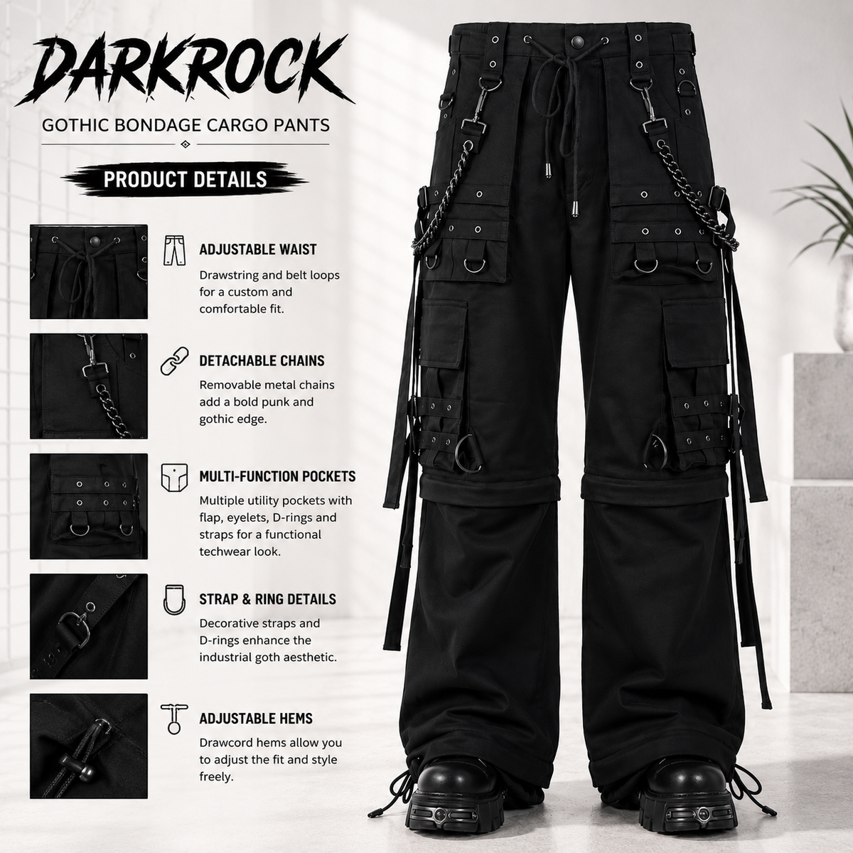 Gothic Bondage Cargo Rock Black Punk Buckle Zips Chain Strap Trousers Emo/ Pants