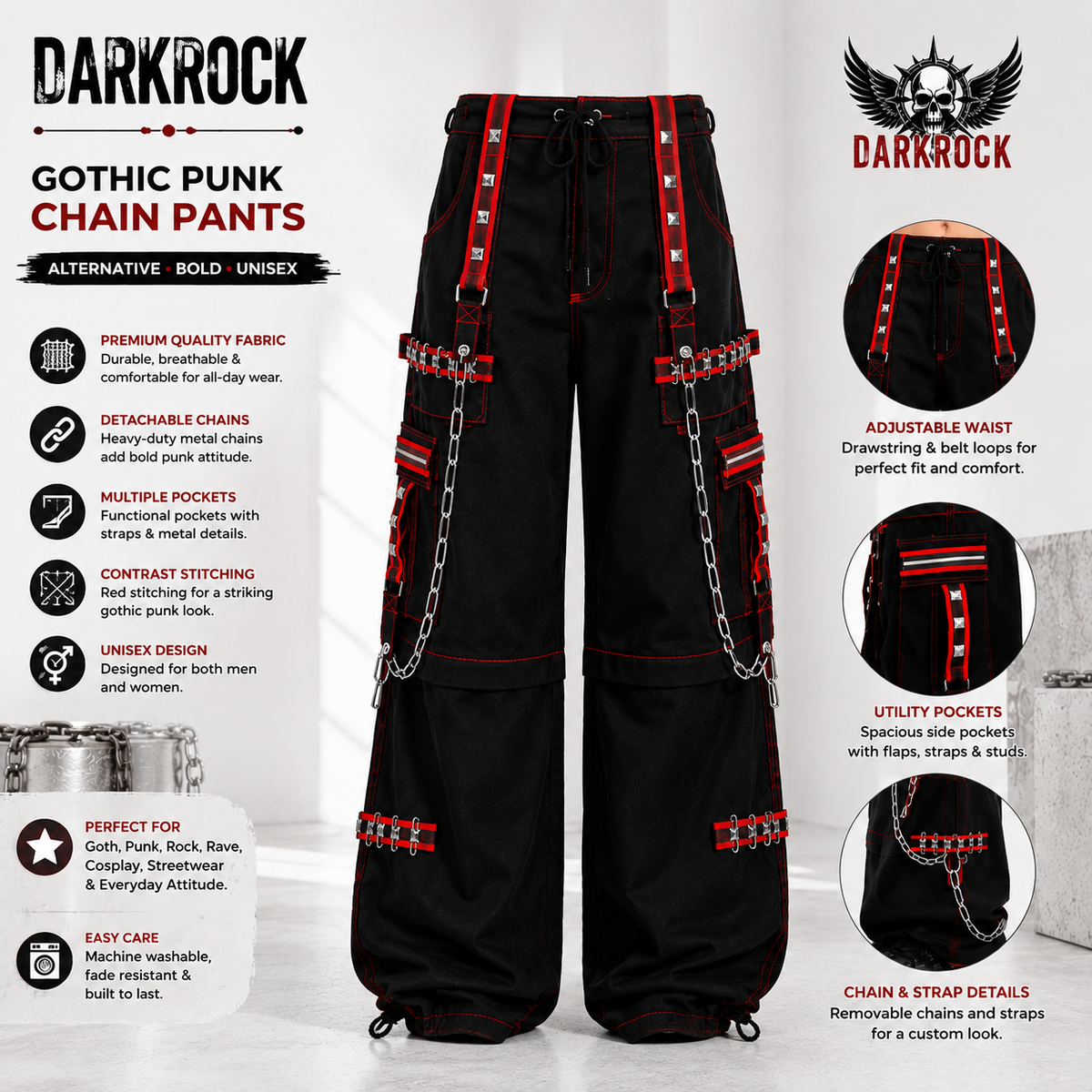 Gothic Extreme Bondage Skater Gothic Punk Rocker Cyber Goth Steampunk Biker Emo Trouser Pant Shorts USA