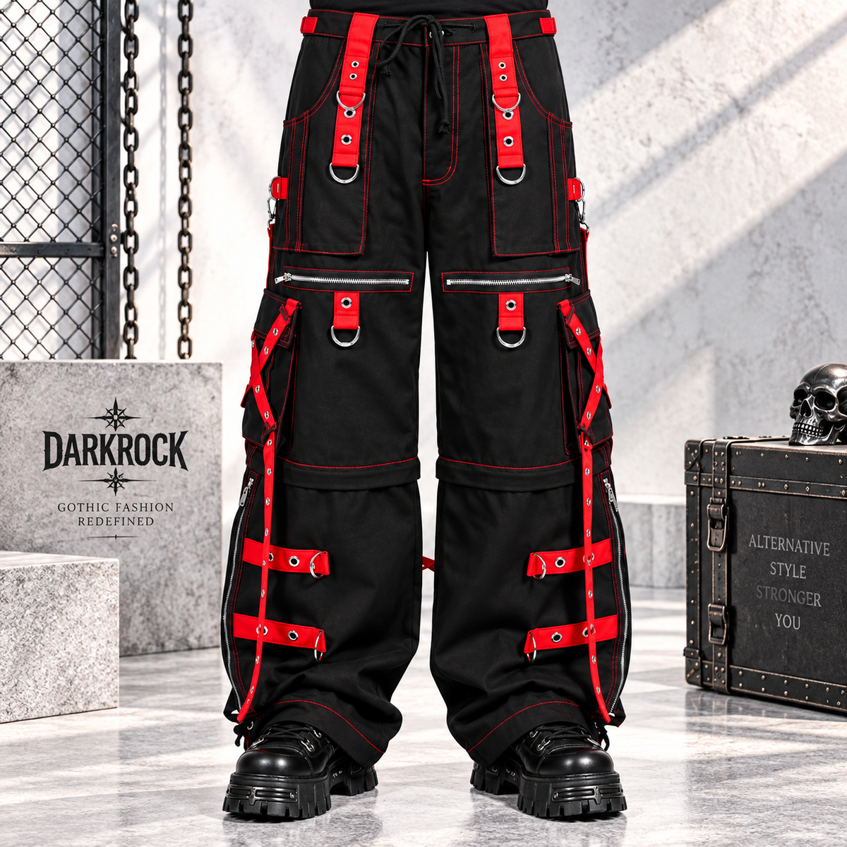 Gothic Men's Zip Off Pants Black Red