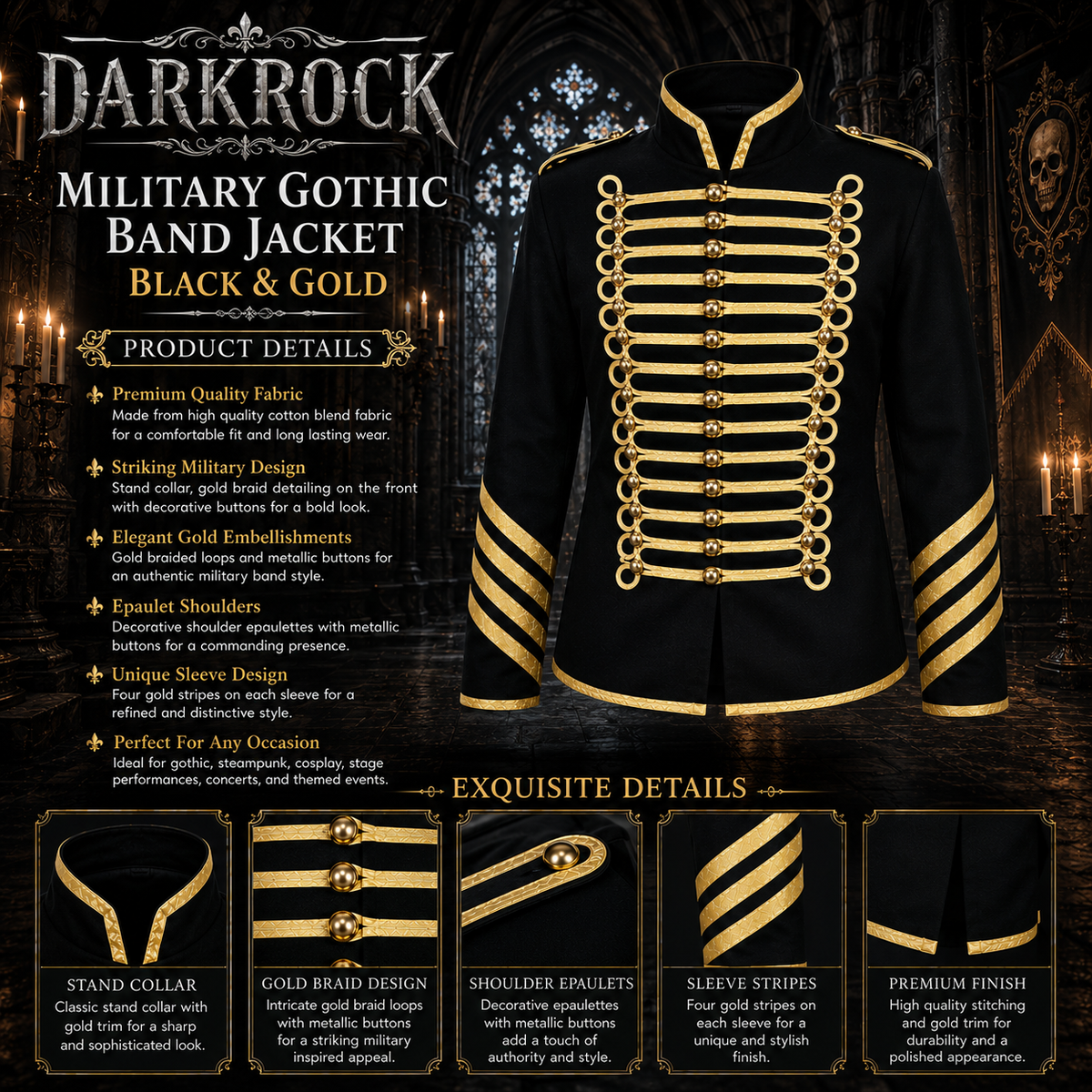 Prime Quality Handmade Men's Gothic Military Hussar Jacket Black Gold/Gold Jacket /USA