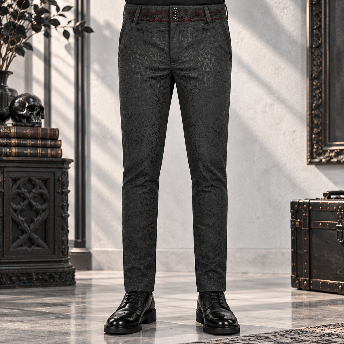 Gothic Men's Pants Trousers Black Brocade Maroon Velvet Steampunk VTG Vampire