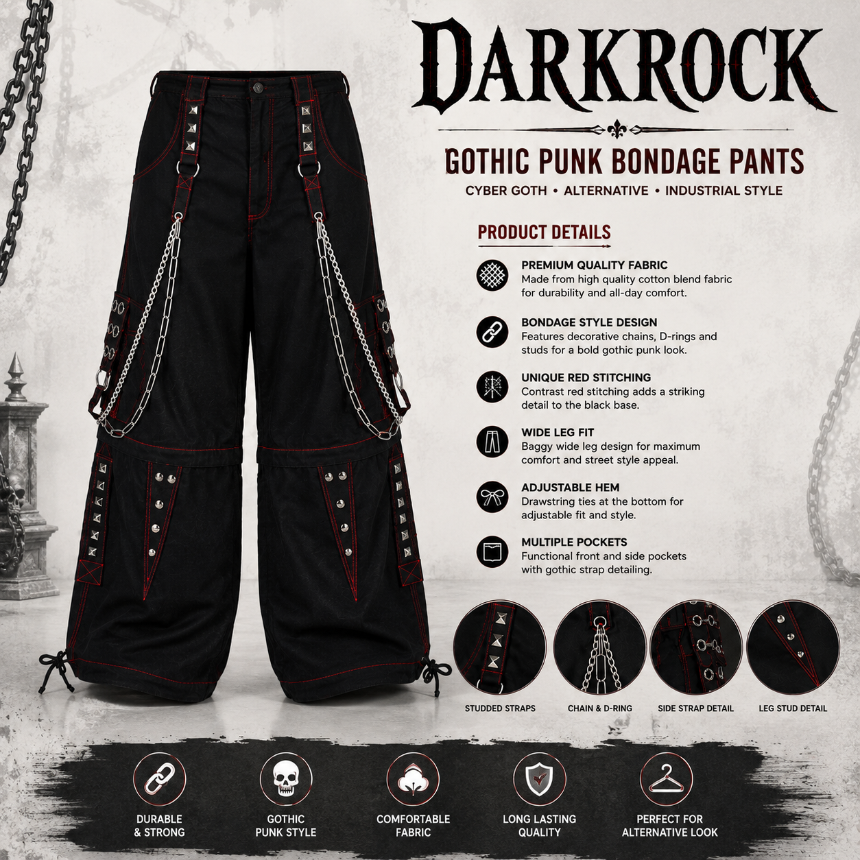 Gothic Extreme Bondage Skater Gothic Punk Rocker Cyber Goth Steampunk Biker Emo Black Dagger Trouser Pant Shorts USA
