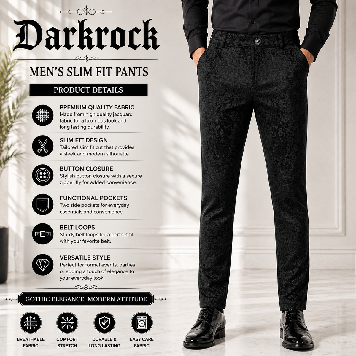 Men's Black Brocade Victorian Dress Pant Trouser/Black Gothic Pants