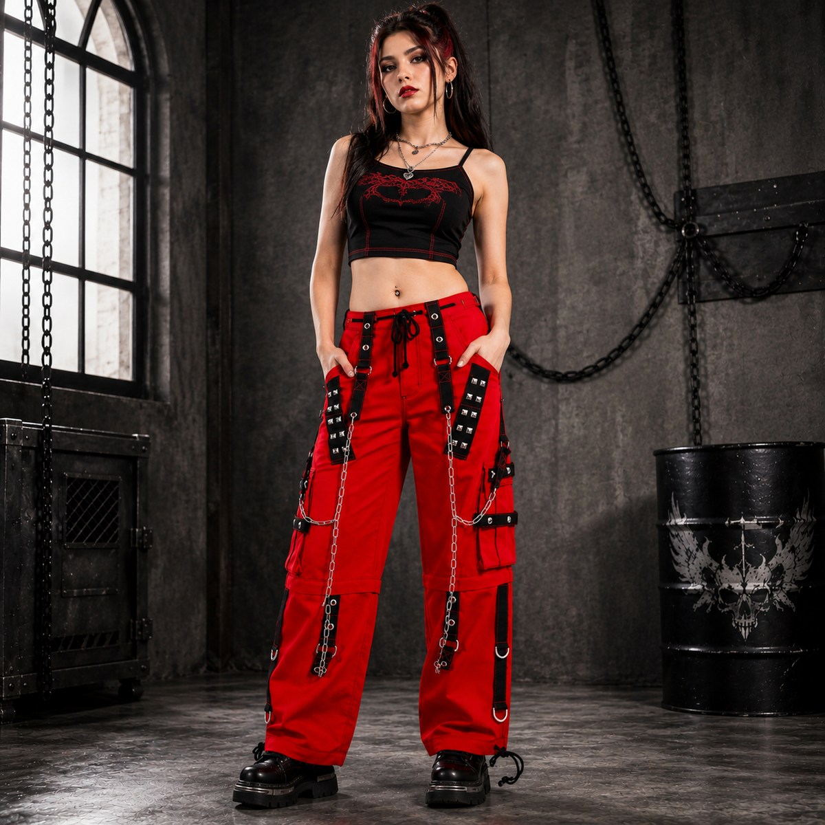 Gothic Bondage Handmade Men Pant Alternative Punk Rock Transformer Trouser Red Baggy/ Pants