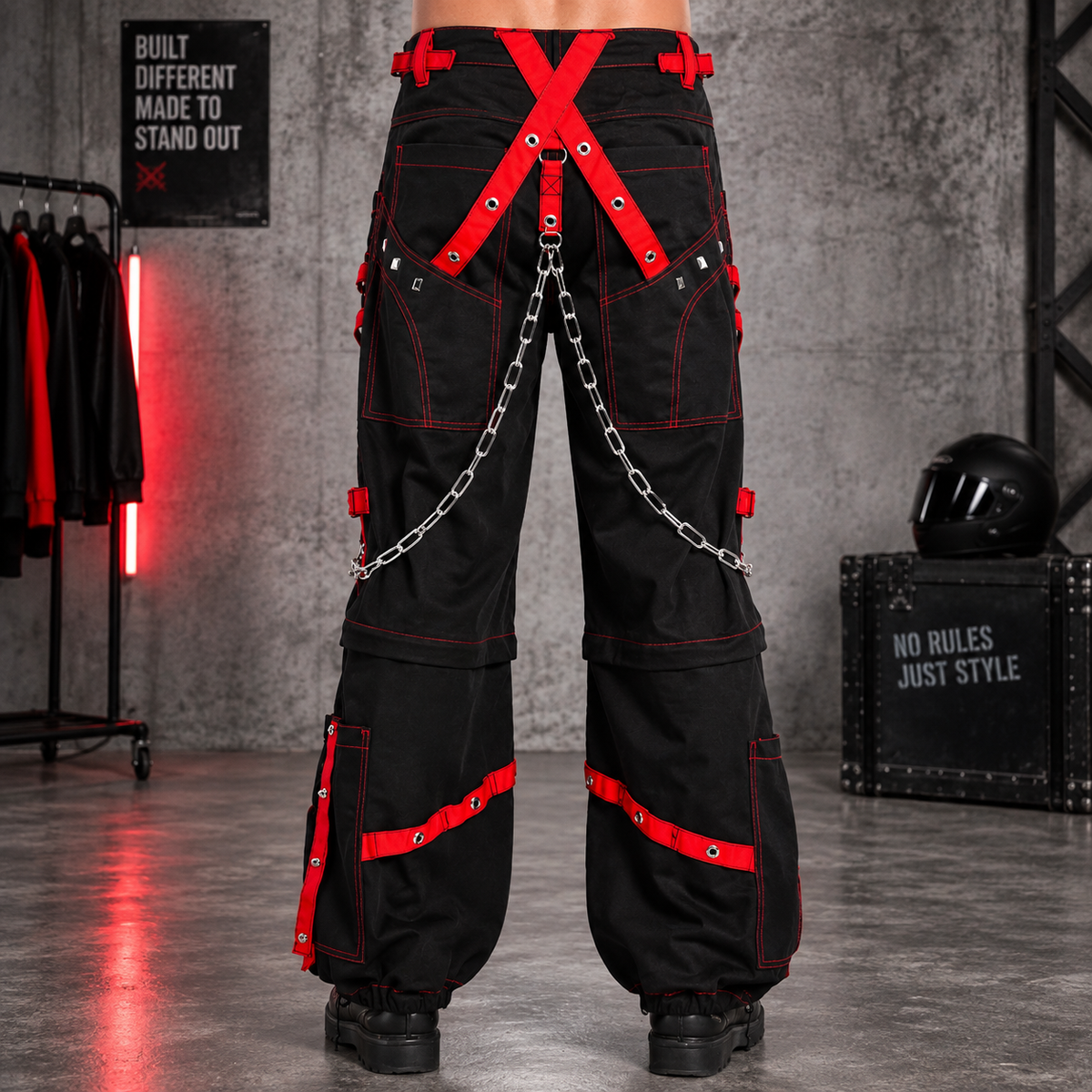 Men's Extreme Bondage Red Skater Gothic Punk Rocker Cyber Goth Steampunk Biker Pant