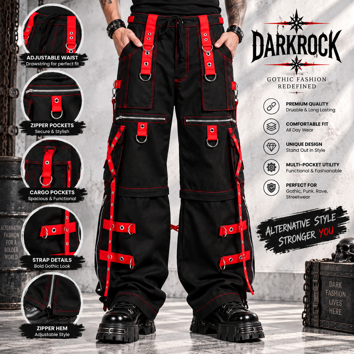 Gothic Men's Zip Off Pants Black Red