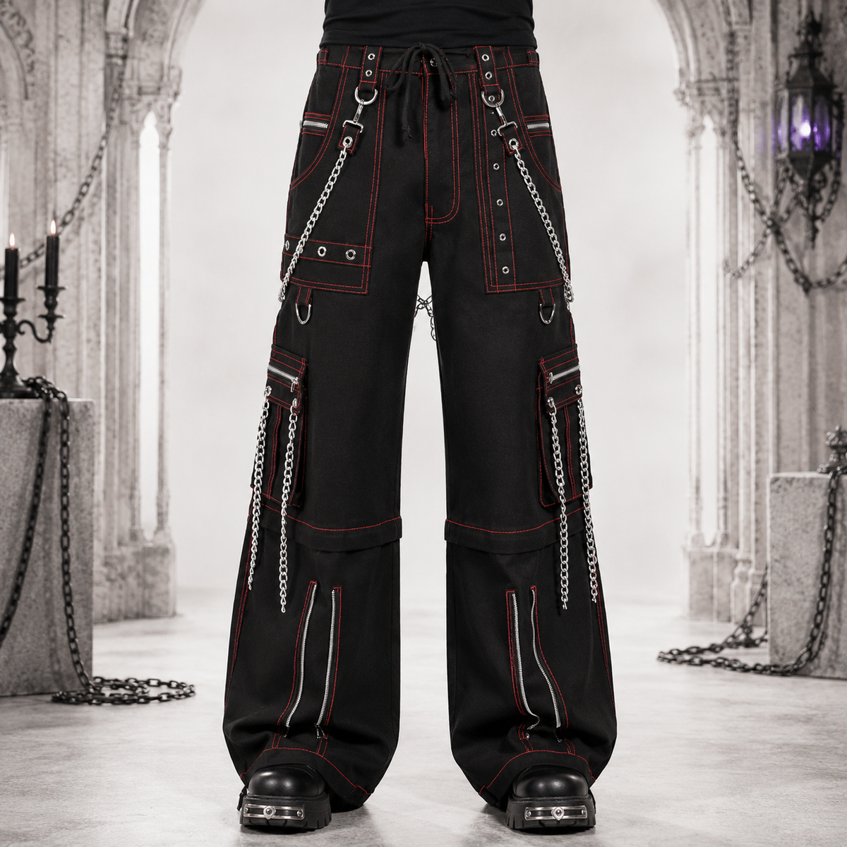 Men's Electro Bondage Gothic Red Stitch Rave Gothic Cyber Chain Goth Jeans Punk Rock Pants USA