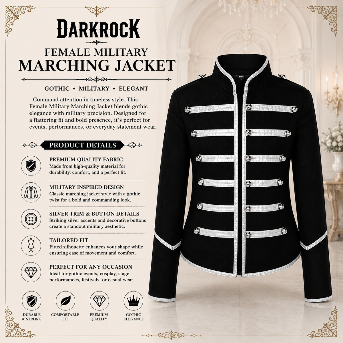 Prime Quality Handmade Women's Black Silver Parade Ladies Jacket Steampunk Military Punk Rock Gothic