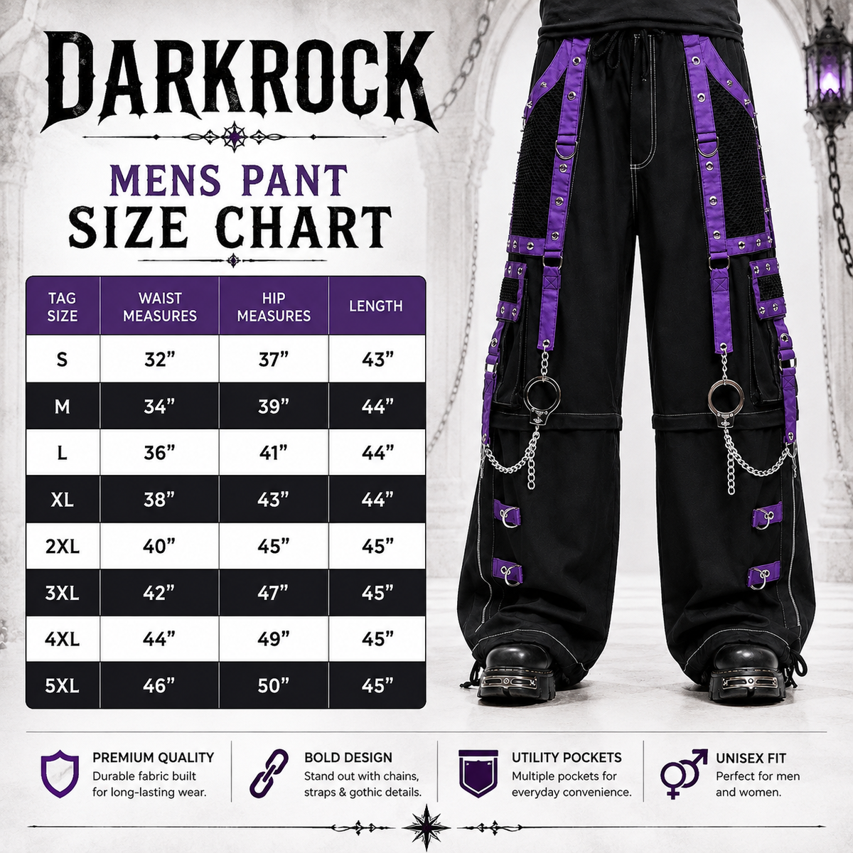 Men Gothic Pant Black Purple Punk Baggy Pant With Chrome Rings & Amp; Chain USA