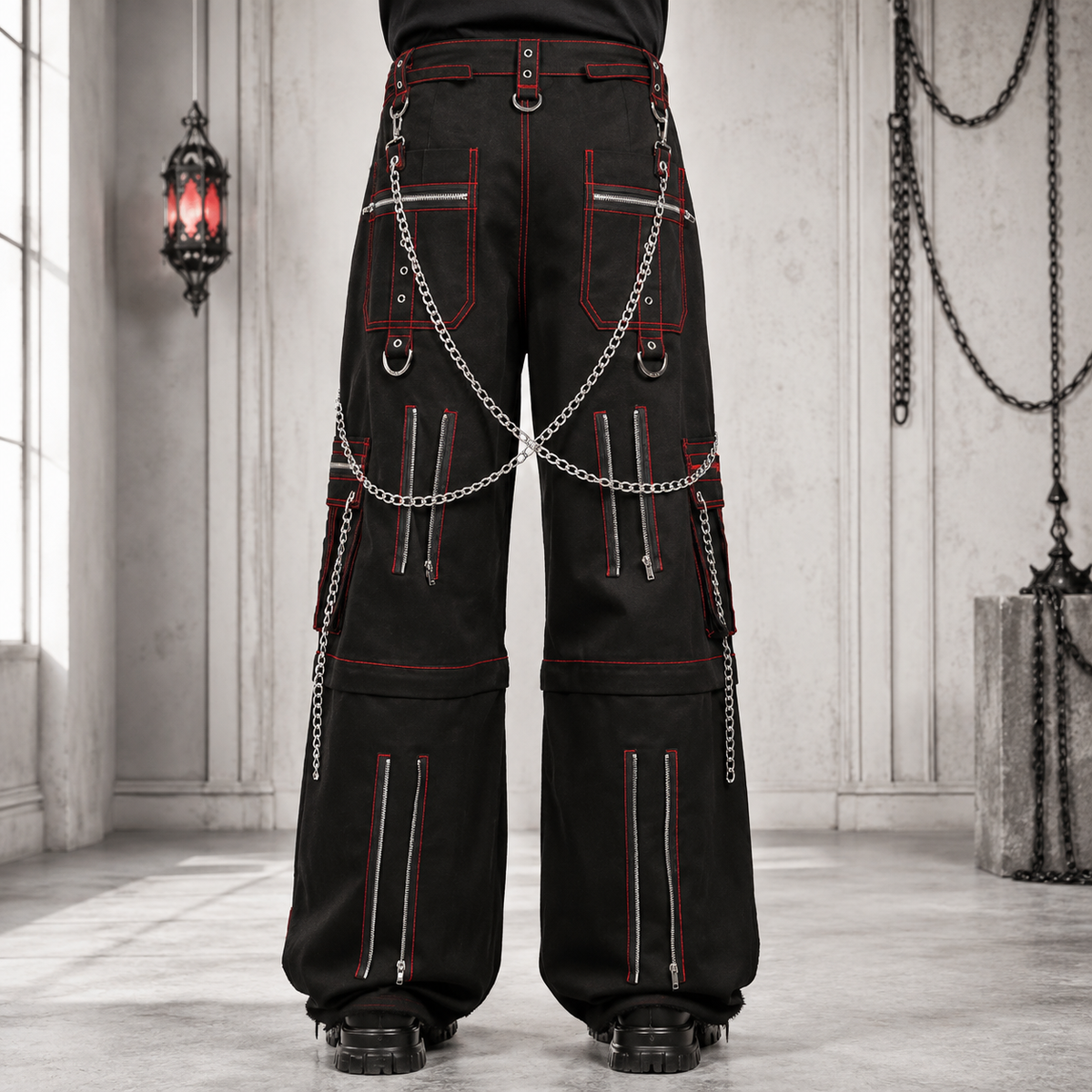 Men's Electro Bondage Gothic Red Stitch Rave Gothic Cyber Chain Goth Jeans Punk Rock Pants USA