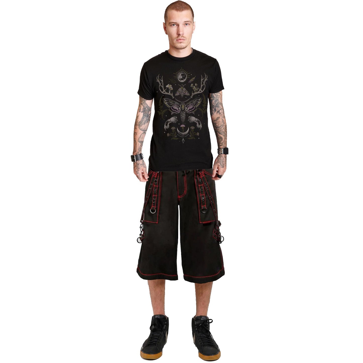 Mens Black Gothic Super Studded Shorts Red Stitching