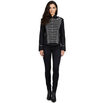 Women's Emo Punk Goth Napoleon Military Drummer Parade Jacket Black Silver