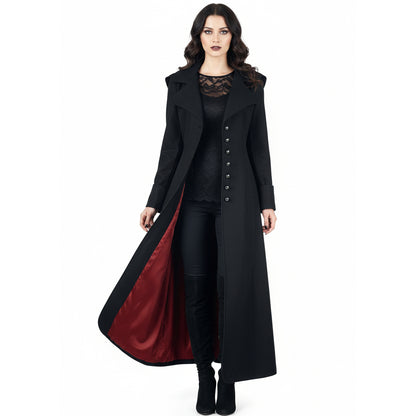 Gothic Ladies Black Long Wool Coat With Wide Collar
