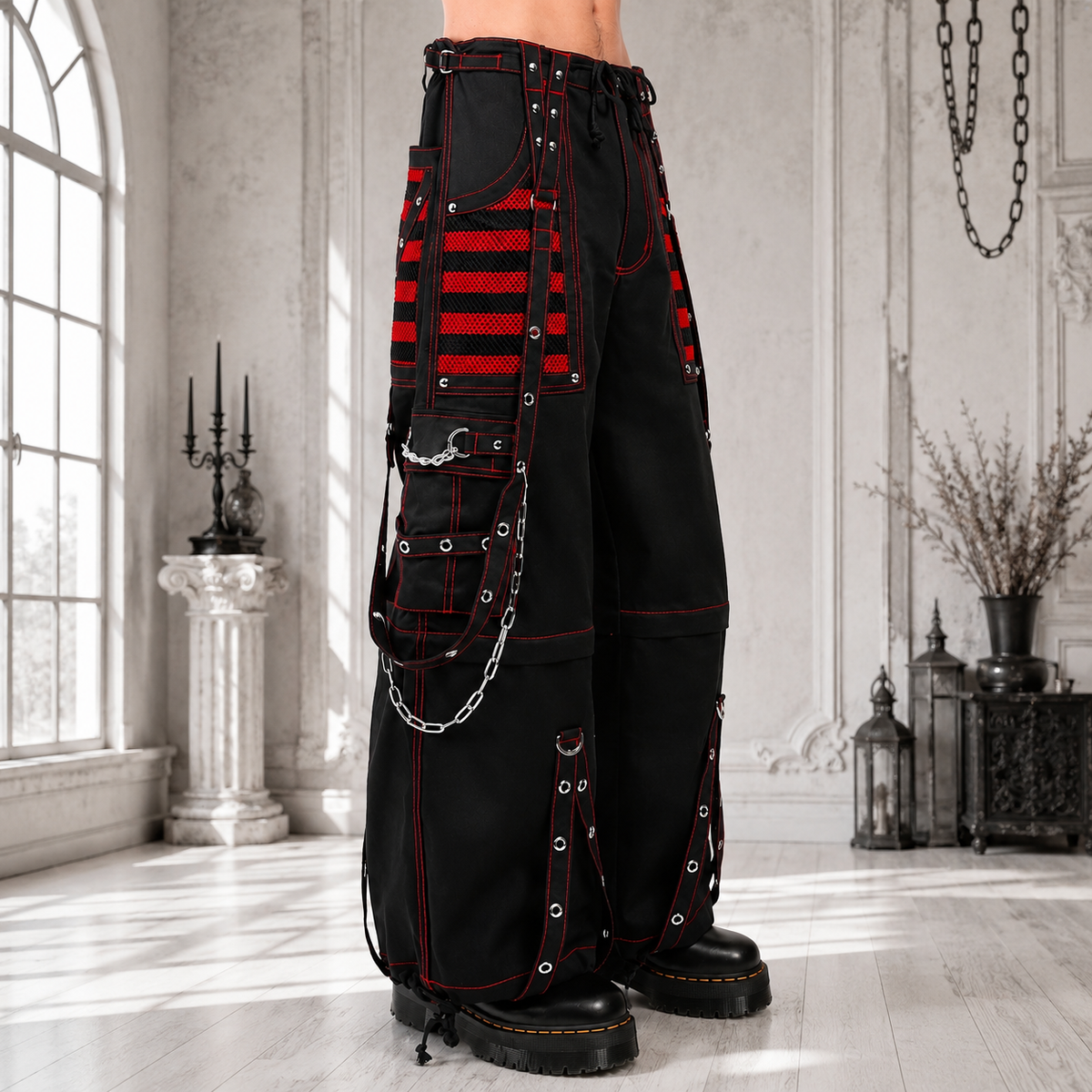 Gothic Extreme Bondage Skater Red & Black Punk Rocker Cyber Steampunk Biker Pant