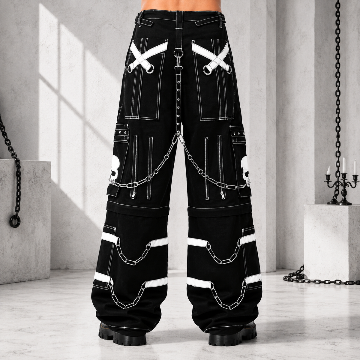 Gothic Bondage Black Skull Zip Off Pants Black & Amp White Alternative Punk Rock Emo Trouser Pant Usa