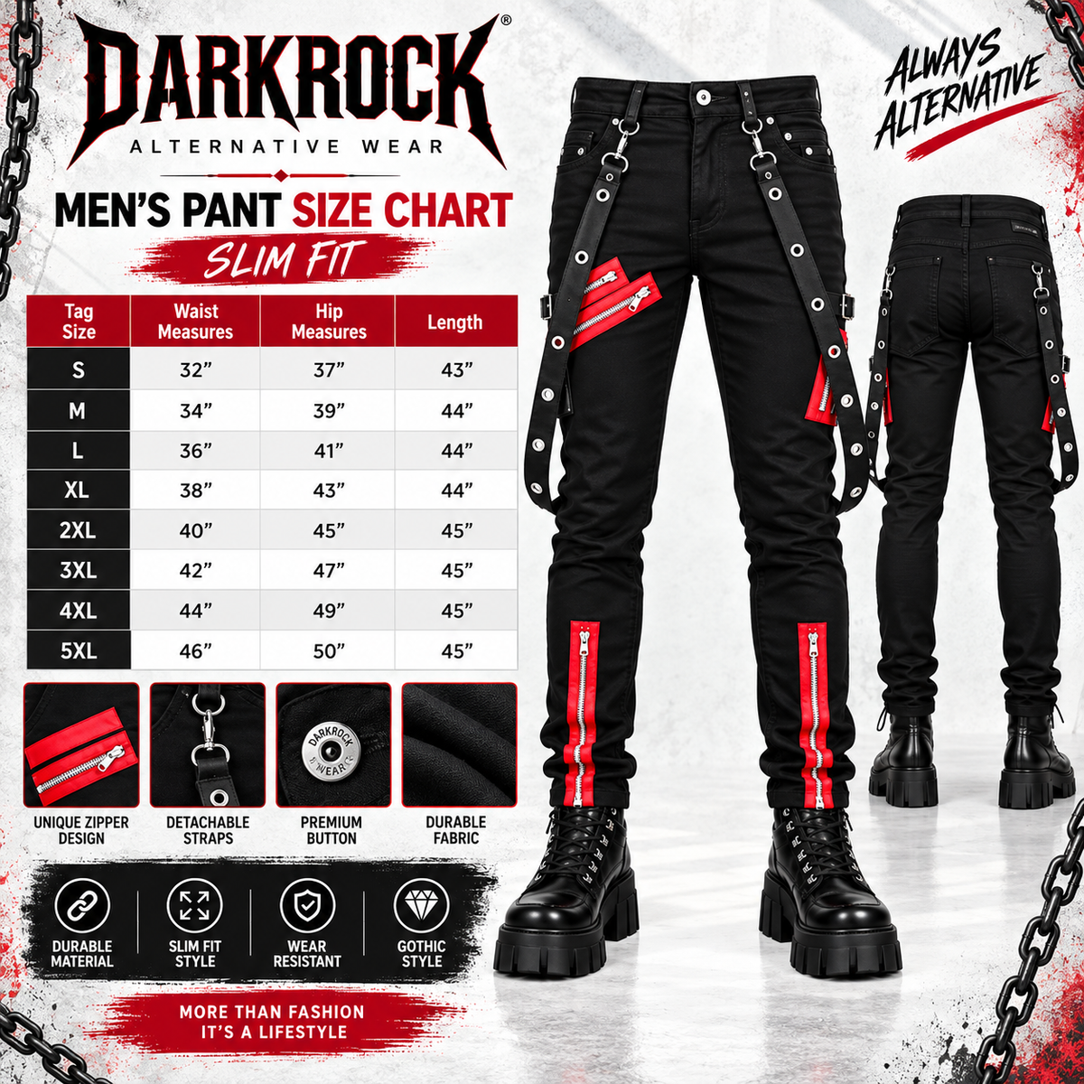 Men's Denim Red Zipper Stinger Jeans with Grommet Suspenders