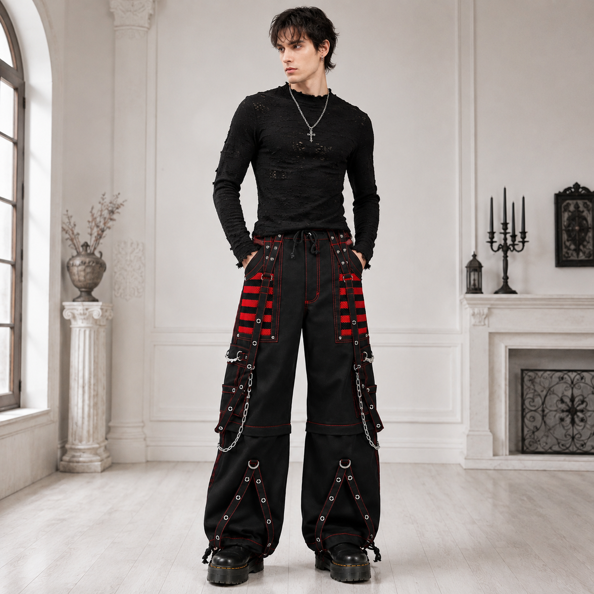 Gothic Extreme Bondage Skater Red & Black Punk Rocker Cyber Steampunk Biker Pant