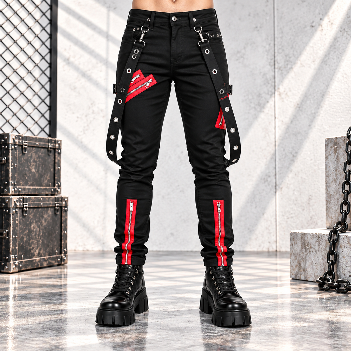 Men's Denim Red Zipper Stinger Jeans with Grommet Suspenders