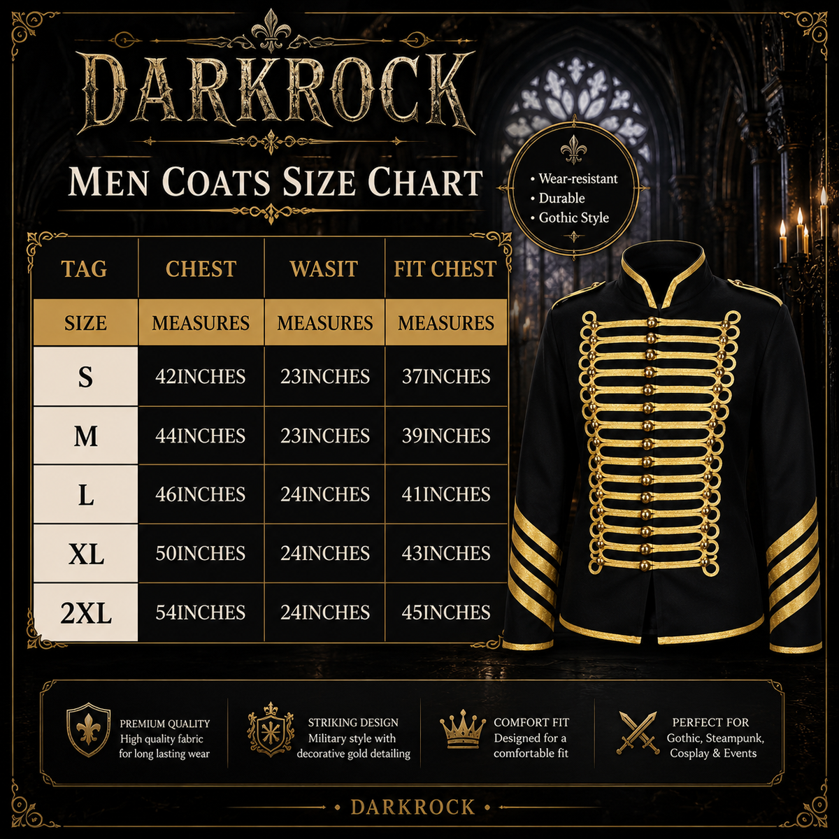 Prime Quality Handmade Men's Gothic Military Hussar Jacket Black Gold/Gold Jacket /USA