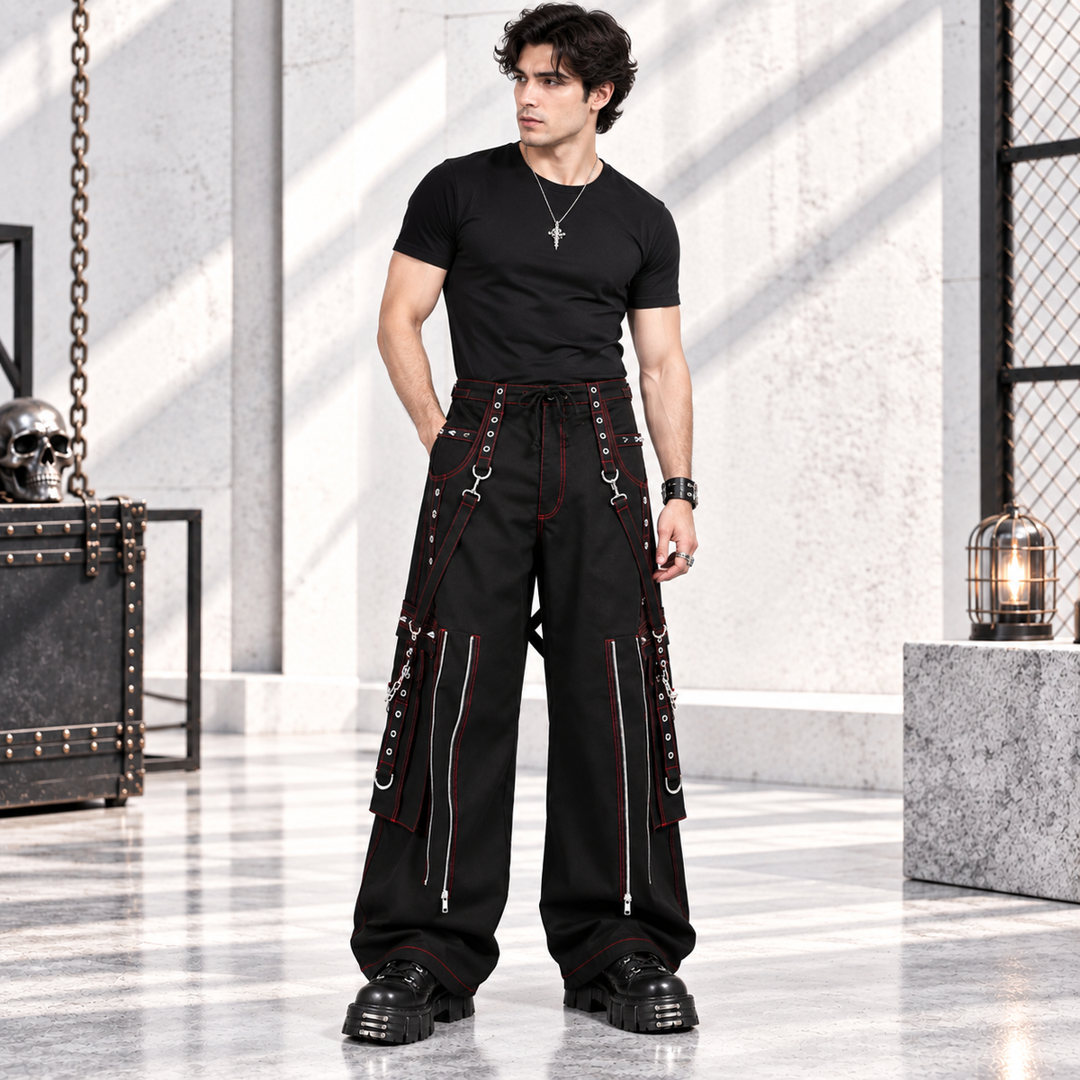 Gothic Mens Black Bondage Red Back Skull Punk Rock Pants