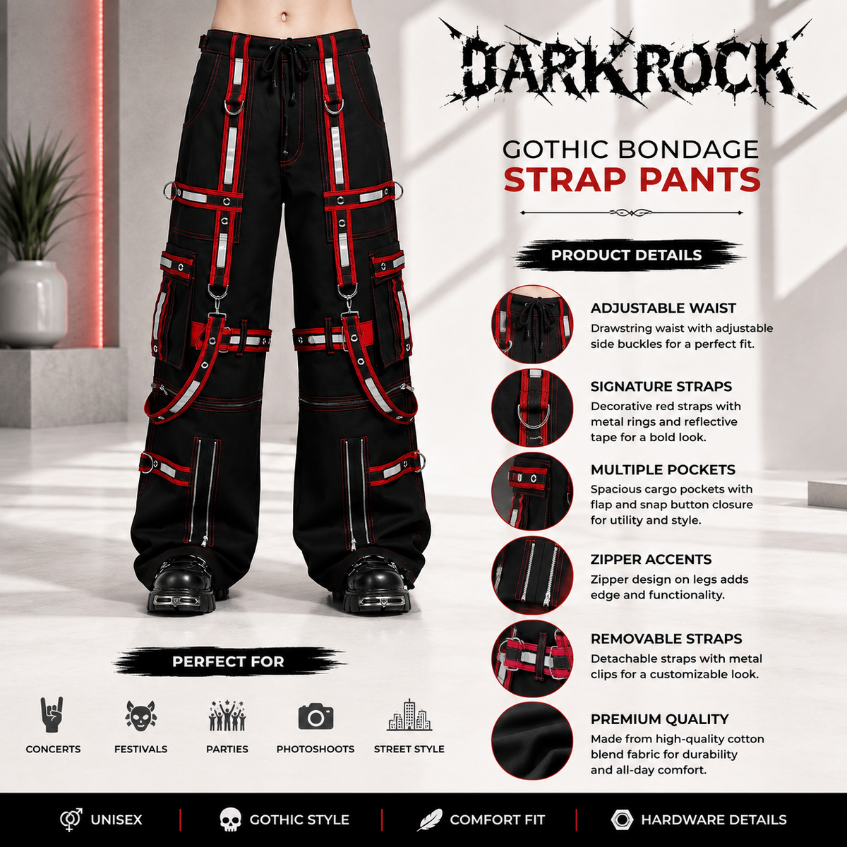 Men Extreme Bondage Gothic Electro Reflector Black/Red Pant/Shorts Usa
