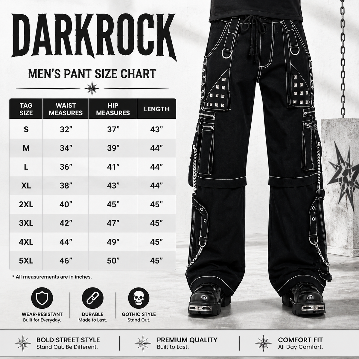 Prime Quality Gothic Men's Black Bondage Gothic Cyber Pant Chain Techno Rock Punk Shorts Trouser Pants USA