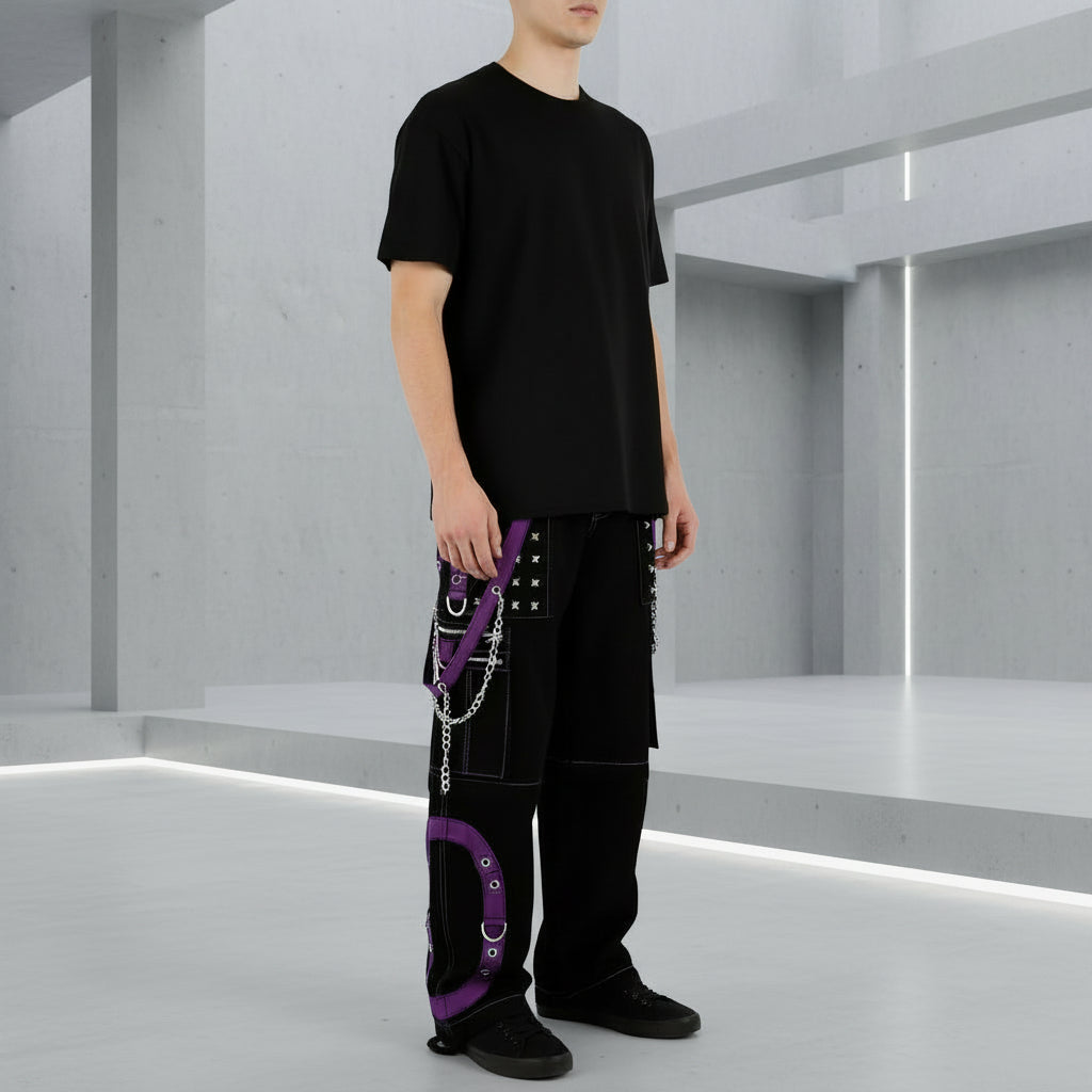 Men's Black Purple Bondage Gothic Cyber Chain Techno Rock Punk Trouser Pants Usa