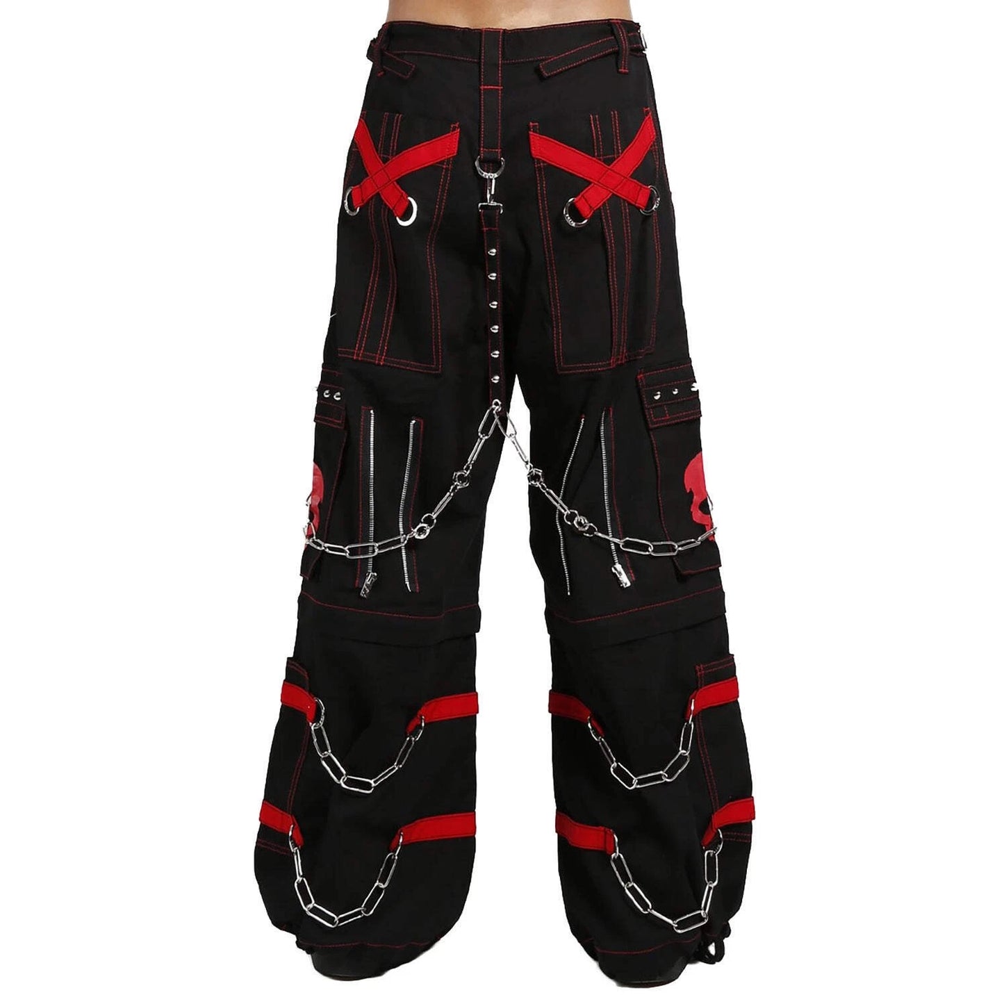Gothic Bondage Black Skull Zip Off Pants Black &amp; Amp Red Alternative Punk Rock Emo Trouser Pant/Usa