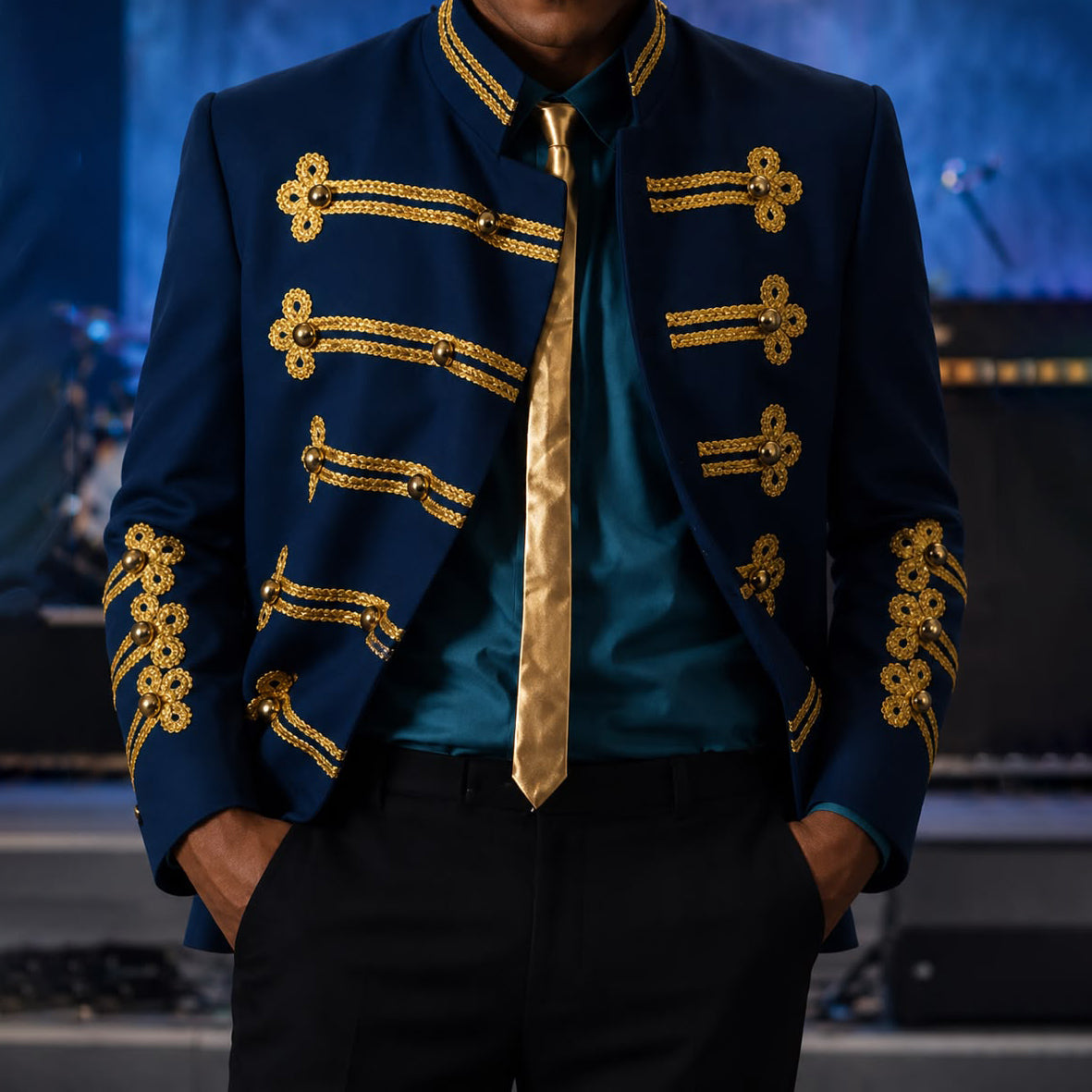 Men's Vintage Royal Blue Military Jacket Gold Braided Hussar Parade Jacket Victorian Gothic Steampunk Band Uniform Coat