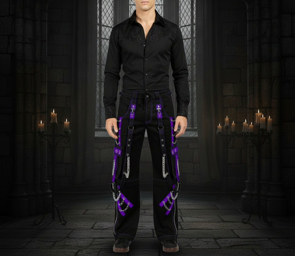 Mens Gothic Punk Black Purple Bondage Pant Chain Techno Rock Punk Usa