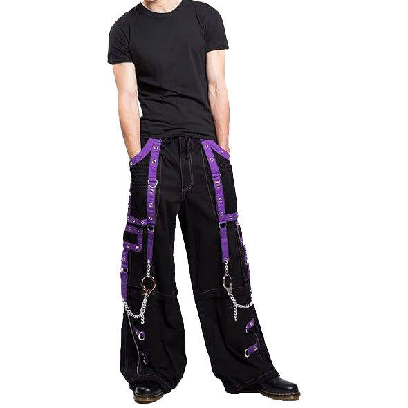 Men Gothic Pant Black Purple Punk Baggy Pant With Chrome Rings & Amp; Chain USA