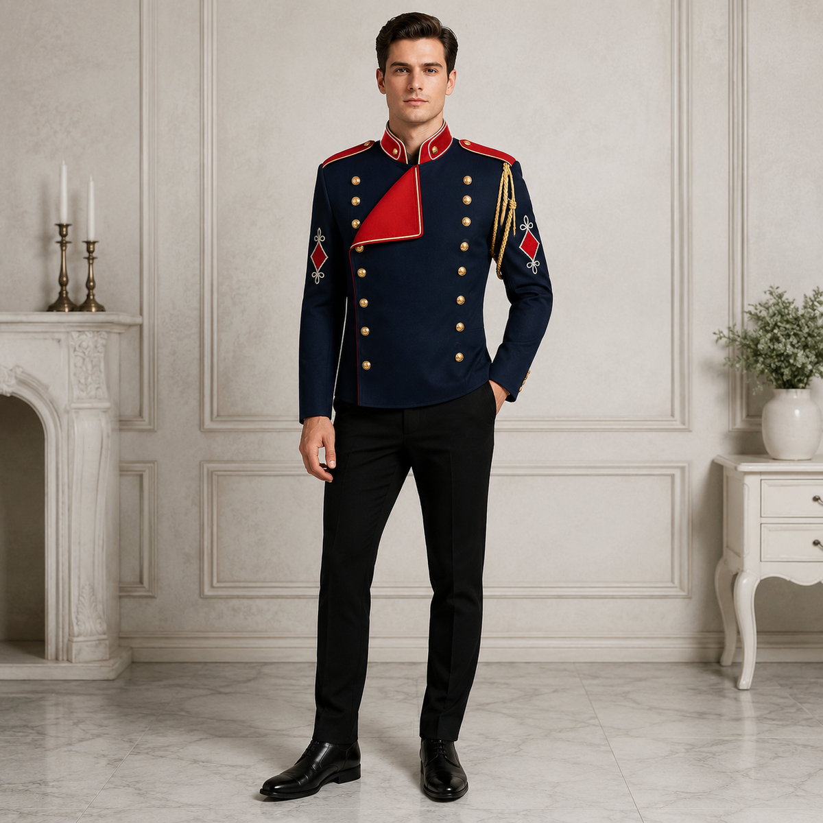 Blue Military Jacket Red Collar Parade Coat Gothic Stage Jacket Mens Performance Jacket