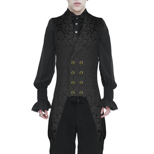 Men's Double Breasted Governor Vest Waistcoat Vtg Black Brocade Gothic Steampunk/Soa