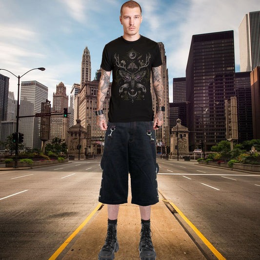 Men's Metal Eyelet Studded Chains Zips Red Stitching Baggy Skater Shorts Emo