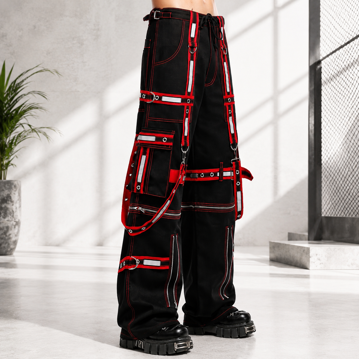Men Extreme Bondage Gothic Electro Reflector Black/Red Pant/Shorts Usa