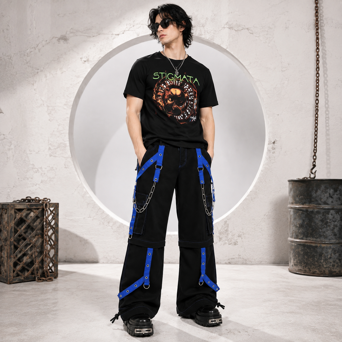 Bondage Gothic Men's Cyber Rave Techno Jeans Punk Shorts Biker Pants
