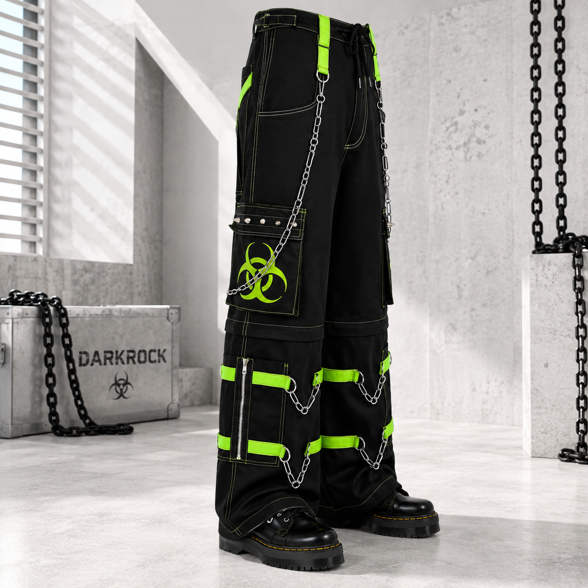 New Biohazard Men Gothic Black Lime Bondage Reflective Biohazard Symbol Pant Alternative Punk Rock Trouser Shorts