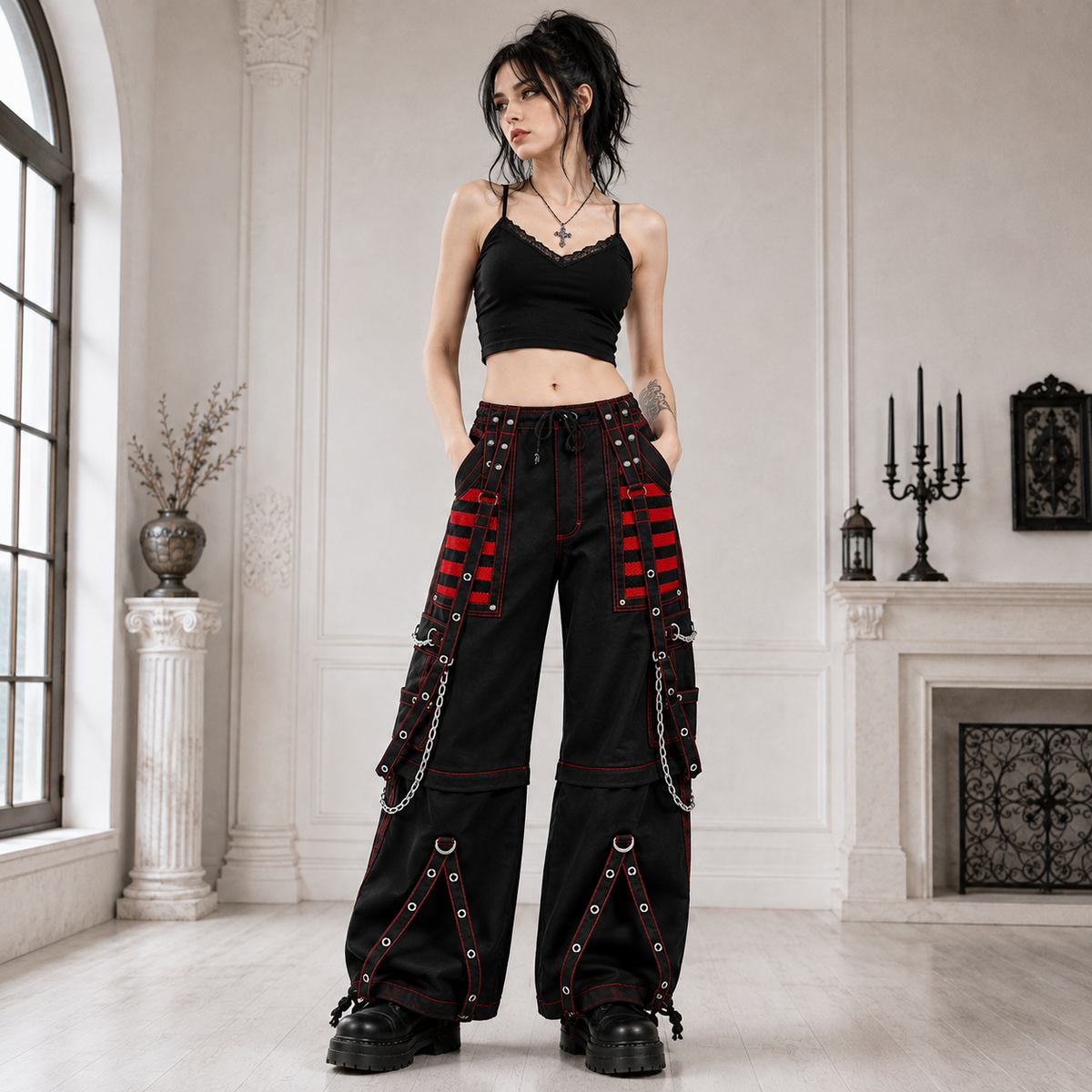 Gothic Extreme Bondage Skater Red & Black Punk Rocker Cyber Steampunk Biker Pant